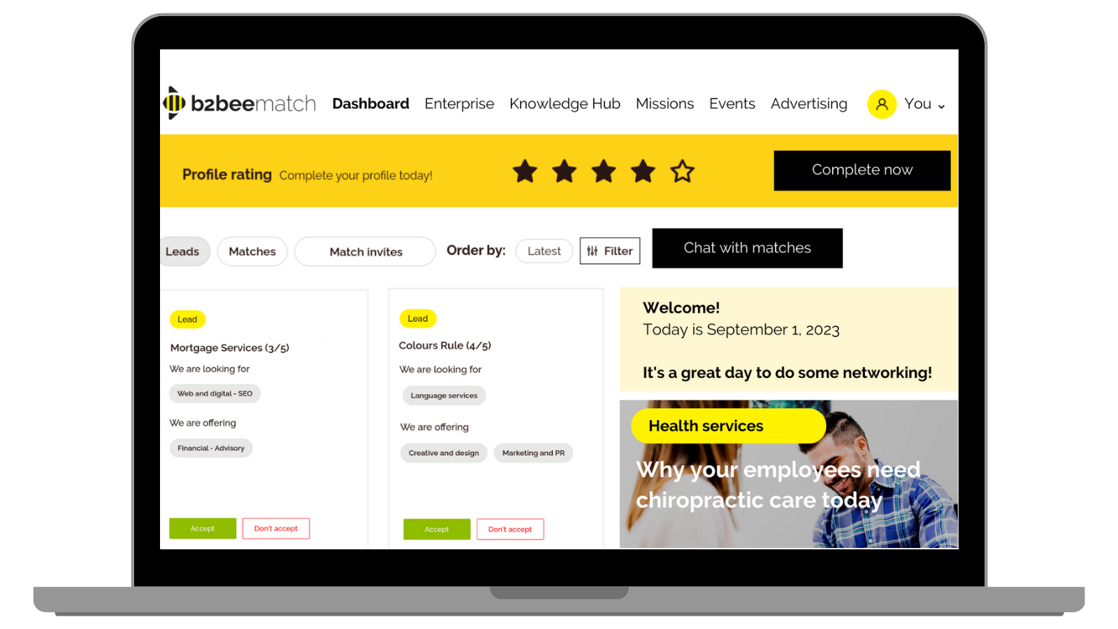 What members see when they log in to their B2BeeMatch dashboard to do B2B business networking.